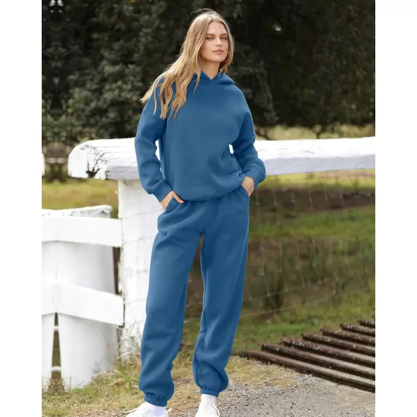 BTFBM Women 2 Piece Sweatsuits Long Sleeve Hooded Pullover Jogger Pants Fall Winter Casual Loose Lounge Sets TracksuitSolid Dark Blue