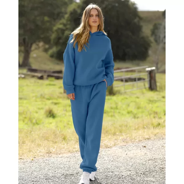 BTFBM Women 2 Piece Sweatsuits Long Sleeve Hooded Pullover Jogger Pants Fall Winter Casual Loose Lounge Sets TracksuitSolid Dark Blue