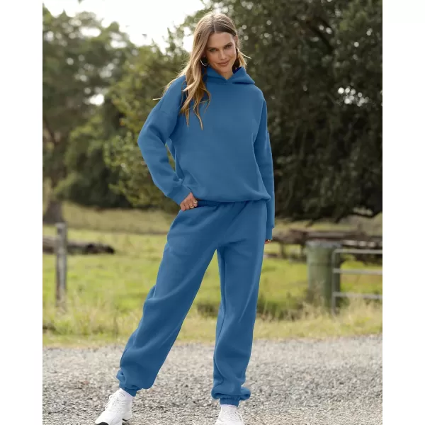 BTFBM Women 2 Piece Sweatsuits Long Sleeve Hooded Pullover Jogger Pants Fall Winter Casual Loose Lounge Sets TracksuitSolid Dark Blue
