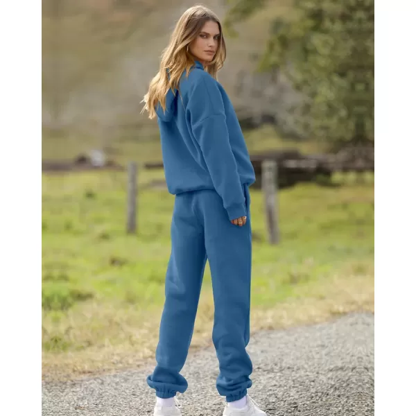 BTFBM Women 2 Piece Sweatsuits Long Sleeve Hooded Pullover Jogger Pants Fall Winter Casual Loose Lounge Sets TracksuitSolid Dark Blue