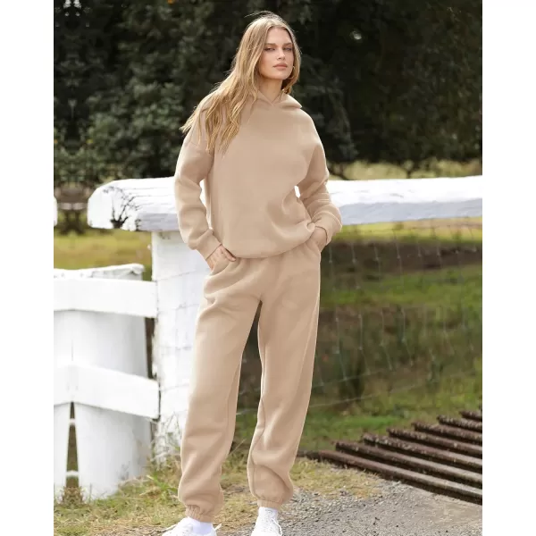 BTFBM Women 2 Piece Sweatsuits Long Sleeve Hooded Pullover Jogger Pants Fall Winter Casual Loose Lounge Sets TracksuitSolid Khaki