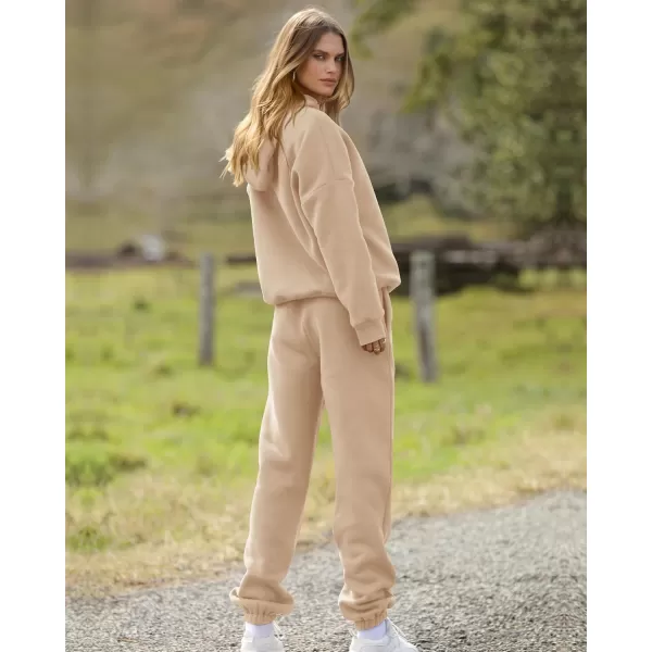 BTFBM Women 2 Piece Sweatsuits Long Sleeve Hooded Pullover Jogger Pants Fall Winter Casual Loose Lounge Sets TracksuitSolid Khaki