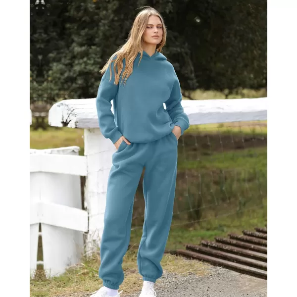 BTFBM Women 2 Piece Sweatsuits Long Sleeve Hooded Pullover Jogger Pants Fall Winter Casual Loose Lounge Sets TracksuitSolid Lake Blue