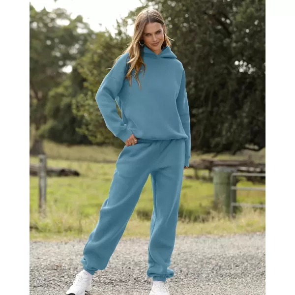 BTFBM Women 2 Piece Sweatsuits Long Sleeve Hooded Pullover Jogger Pants Fall Winter Casual Loose Lounge Sets TracksuitSolid Lake Blue