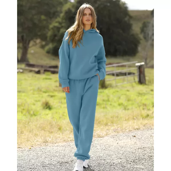 BTFBM Women 2 Piece Sweatsuits Long Sleeve Hooded Pullover Jogger Pants Fall Winter Casual Loose Lounge Sets TracksuitSolid Lake Blue