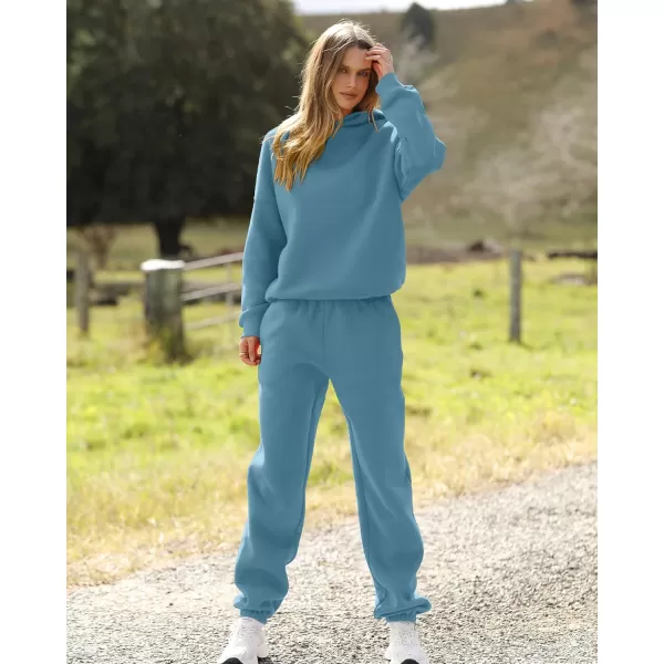 BTFBM Women 2 Piece Sweatsuits Long Sleeve Hooded Pullover Jogger Pants Fall Winter Casual Loose Lounge Sets TracksuitSolid Lake Blue