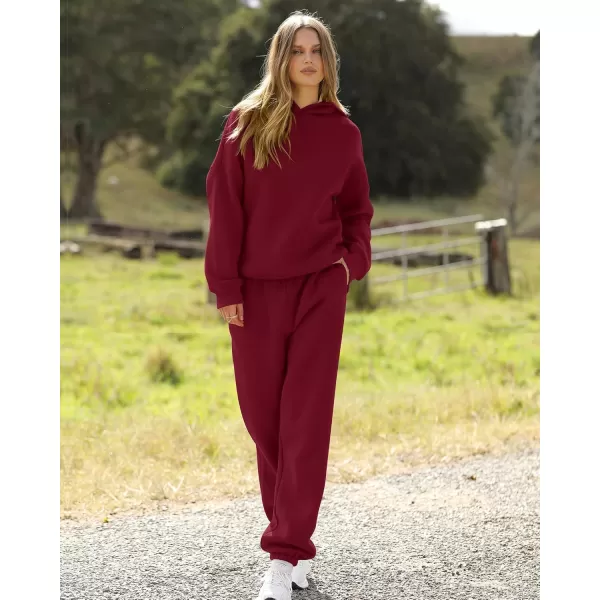 BTFBM Women 2 Piece Sweatsuits Long Sleeve Hooded Pullover Jogger Pants Fall Winter Casual Loose Lounge Sets TracksuitSolid Wine Red