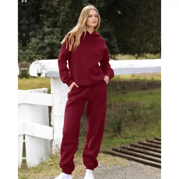 BTFBM Women 2 Piece Sweatsuits Long Sleeve Hooded Pullover Jogger Pants Fall Winter Casual Loose Lounge Sets TracksuitSolid Wine Red