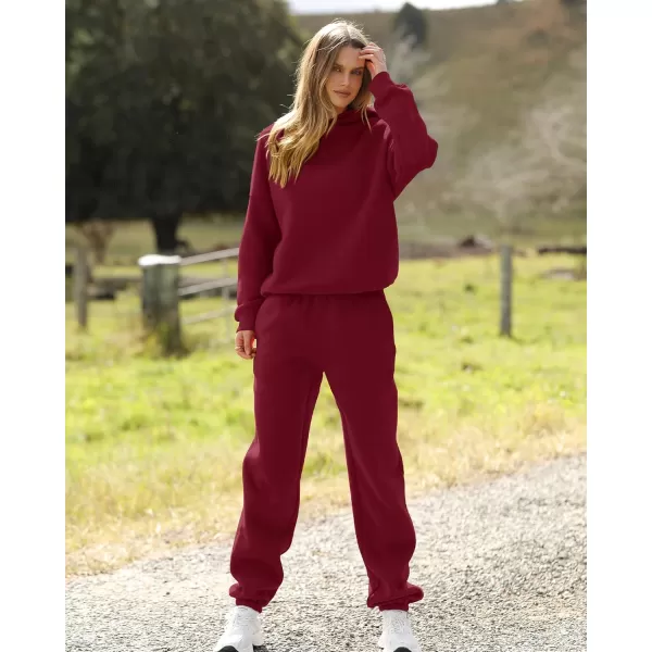 BTFBM Women 2 Piece Sweatsuits Long Sleeve Hooded Pullover Jogger Pants Fall Winter Casual Loose Lounge Sets TracksuitSolid Wine Red