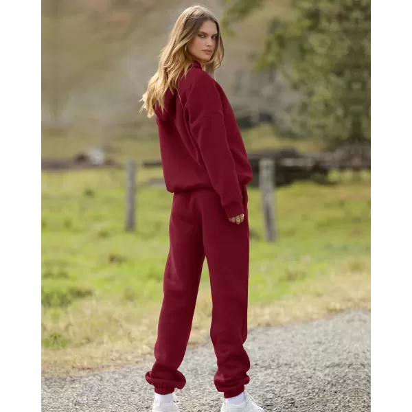 BTFBM Women 2 Piece Sweatsuits Long Sleeve Hooded Pullover Jogger Pants Fall Winter Casual Loose Lounge Sets TracksuitSolid Wine Red