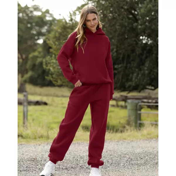 BTFBM Women 2 Piece Sweatsuits Long Sleeve Hooded Pullover Jogger Pants Fall Winter Casual Loose Lounge Sets TracksuitSolid Wine Red