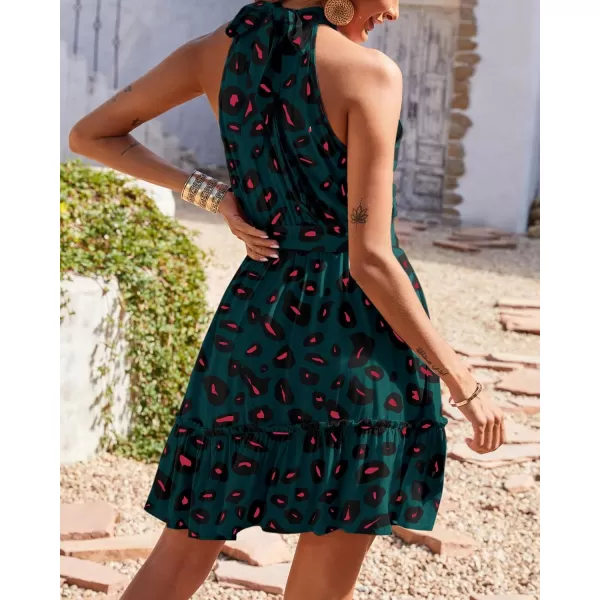 BTFBM Women 2024 Summer Halter Neck Dresses Sleeveless Casual Floral Polka Dot Print Short Boho Ruffle SundressDark GreenBlackOrange