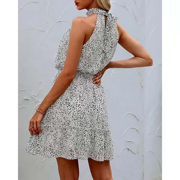 BTFBM Women 2024 Summer Halter Neck Dresses Sleeveless Casual Floral Polka Dot Print Short Boho Ruffle SundressDot Apricot Black