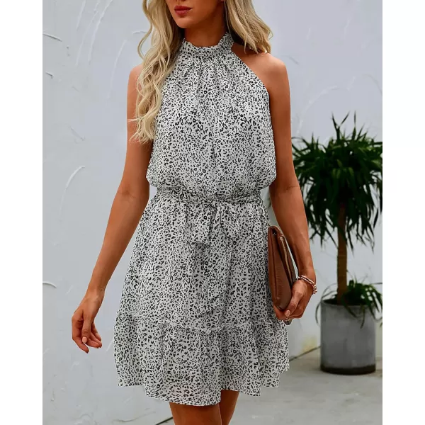 BTFBM Women 2024 Summer Halter Neck Dresses Sleeveless Casual Floral Polka Dot Print Short Boho Ruffle SundressDot Apricot Black