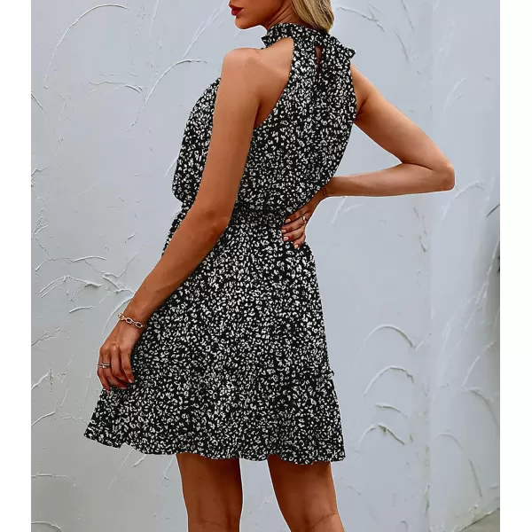 BTFBM Women 2024 Summer Halter Neck Dresses Sleeveless Casual Floral Polka Dot Print Short Boho Ruffle SundressDot Black White
