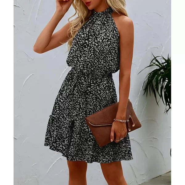 BTFBM Women 2024 Summer Halter Neck Dresses Sleeveless Casual Floral Polka Dot Print Short Boho Ruffle SundressDot Black White