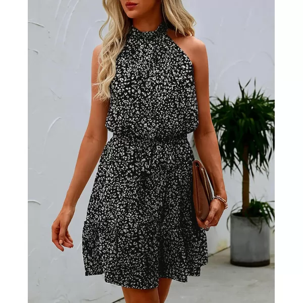BTFBM Women 2024 Summer Halter Neck Dresses Sleeveless Casual Floral Polka Dot Print Short Boho Ruffle SundressDot Black White