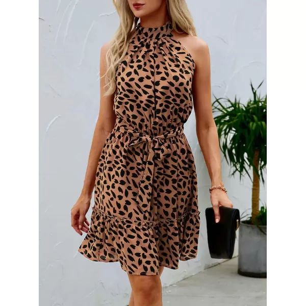 BTFBM Women 2024 Summer Halter Neck Dresses Sleeveless Casual Floral Polka Dot Print Short Boho Ruffle SundressDot Dark Khaki Black