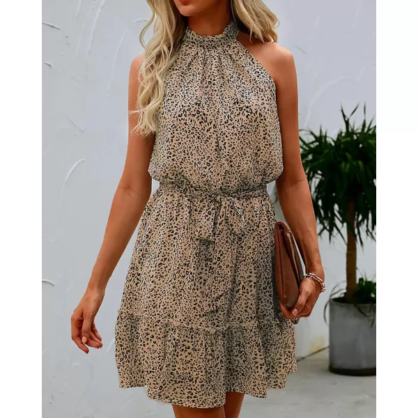BTFBM Women 2024 Summer Halter Neck Dresses Sleeveless Casual Floral Polka Dot Print Short Boho Ruffle SundressDot Light Khaki Black