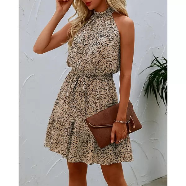 BTFBM Women 2024 Summer Halter Neck Dresses Sleeveless Casual Floral Polka Dot Print Short Boho Ruffle SundressDot Light Khaki Black