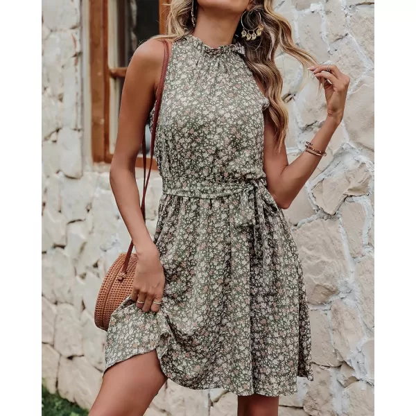 BTFBM Women 2024 Summer Halter Neck Dresses Sleeveless Casual Floral Polka Dot Print Short Boho Ruffle SundressFloral Print Army Green