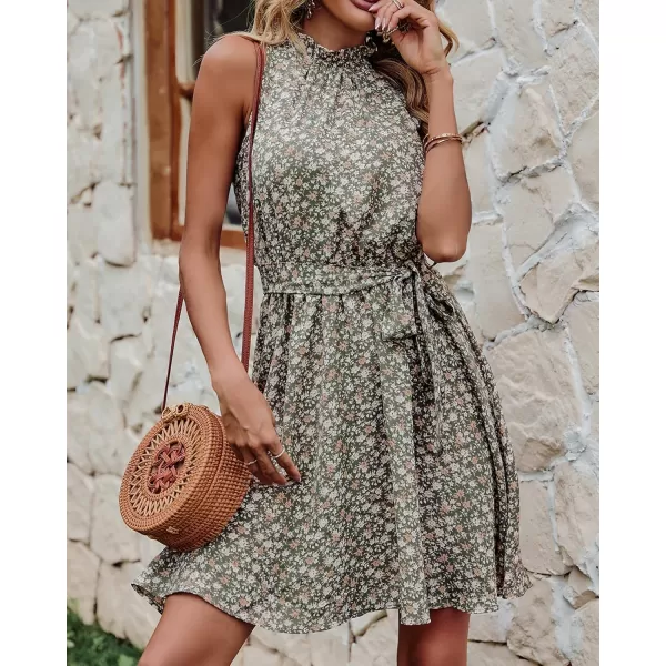 BTFBM Women 2024 Summer Halter Neck Dresses Sleeveless Casual Floral Polka Dot Print Short Boho Ruffle SundressFloral Print Army Green