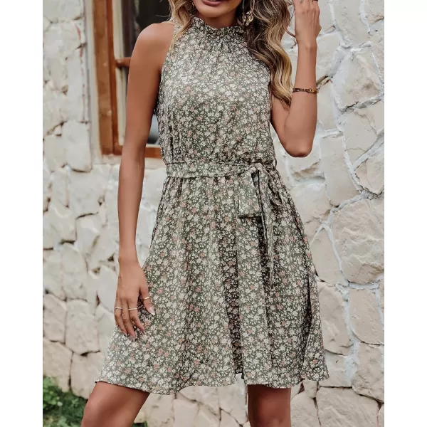 BTFBM Women 2024 Summer Halter Neck Dresses Sleeveless Casual Floral Polka Dot Print Short Boho Ruffle SundressFloral Print Army Green