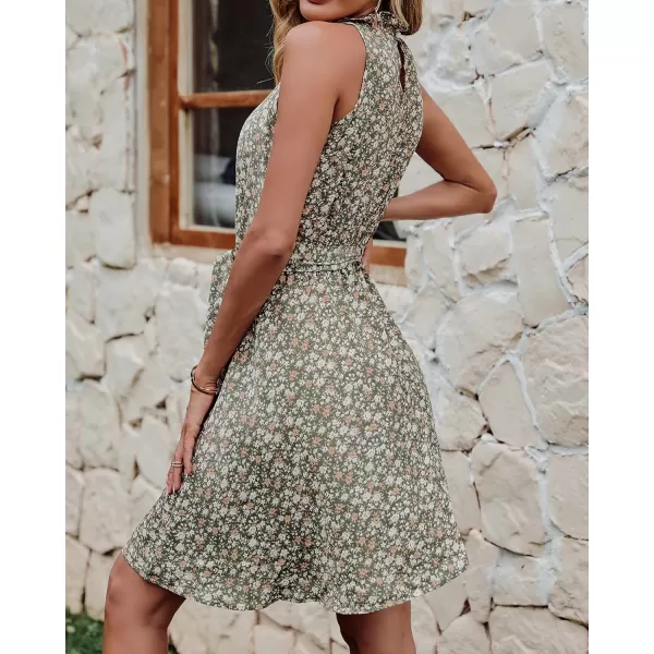 BTFBM Women 2024 Summer Halter Neck Dresses Sleeveless Casual Floral Polka Dot Print Short Boho Ruffle SundressFloral Print Army Green