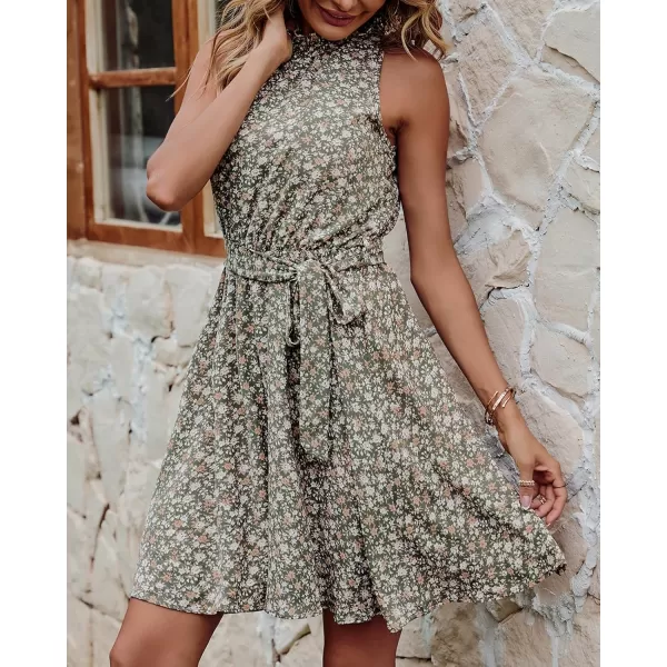 BTFBM Women 2024 Summer Halter Neck Dresses Sleeveless Casual Floral Polka Dot Print Short Boho Ruffle SundressFloral Print Army Green