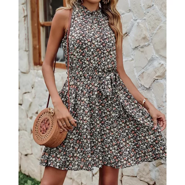 BTFBM Women 2024 Summer Halter Neck Dresses Sleeveless Casual Floral Polka Dot Print Short Boho Ruffle SundressFloral Print Black White