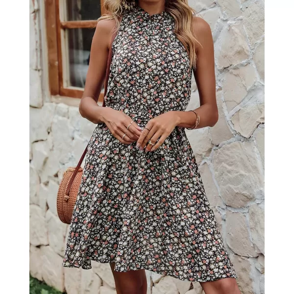BTFBM Women 2024 Summer Halter Neck Dresses Sleeveless Casual Floral Polka Dot Print Short Boho Ruffle SundressFloral Print Black White
