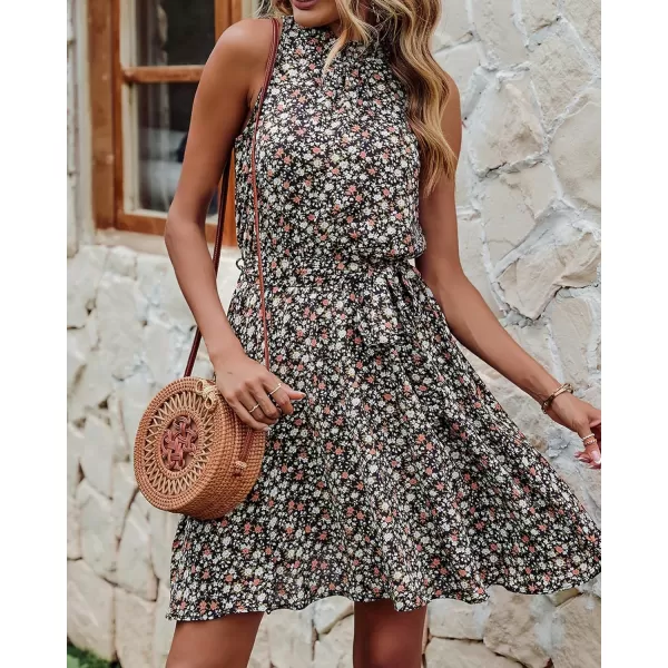 BTFBM Women 2024 Summer Halter Neck Dresses Sleeveless Casual Floral Polka Dot Print Short Boho Ruffle SundressFloral Print Black White