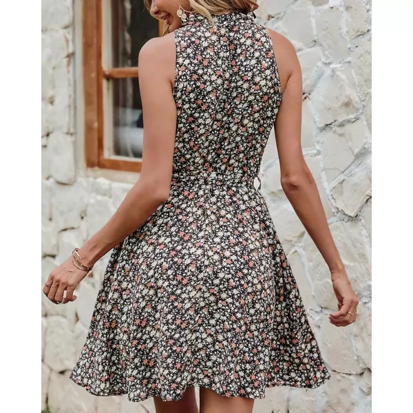 BTFBM Women 2024 Summer Halter Neck Dresses Sleeveless Casual Floral Polka Dot Print Short Boho Ruffle SundressFloral Print Black White