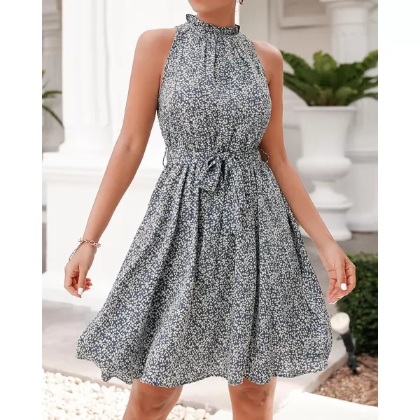 BTFBM Women 2024 Summer Halter Neck Dresses Sleeveless Casual Floral Polka Dot Print Short Boho Ruffle SundressFloral Print Blue