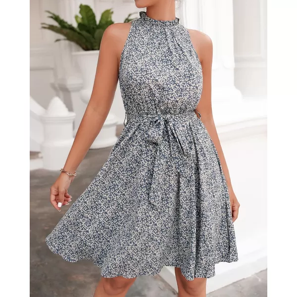 BTFBM Women 2024 Summer Halter Neck Dresses Sleeveless Casual Floral Polka Dot Print Short Boho Ruffle SundressFloral Print Blue