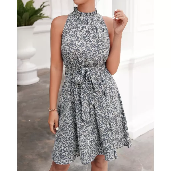 BTFBM Women 2024 Summer Halter Neck Dresses Sleeveless Casual Floral Polka Dot Print Short Boho Ruffle SundressFloral Print Blue