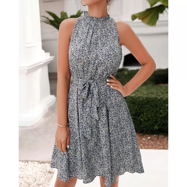 BTFBM Women 2024 Summer Halter Neck Dresses Sleeveless Casual Floral Polka Dot Print Short Boho Ruffle SundressFloral Print Blue