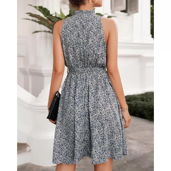 BTFBM Women 2024 Summer Halter Neck Dresses Sleeveless Casual Floral Polka Dot Print Short Boho Ruffle SundressFloral Print Blue
