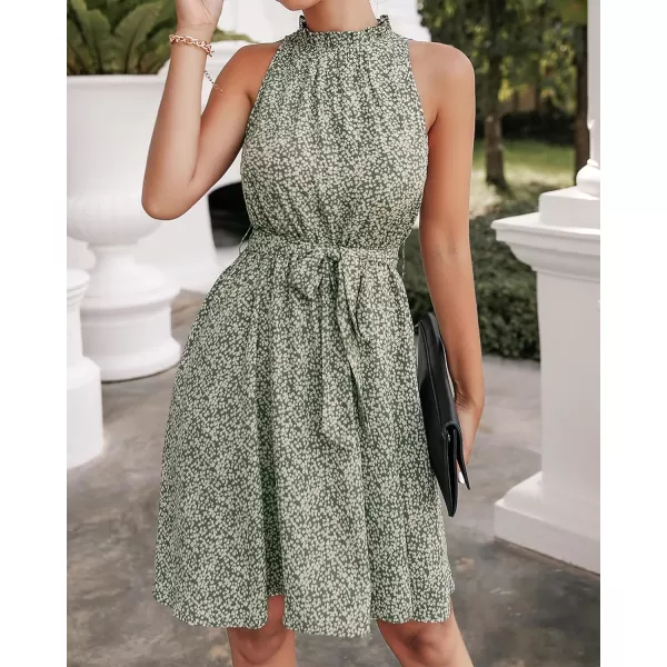 BTFBM Women 2024 Summer Halter Neck Dresses Sleeveless Casual Floral Polka Dot Print Short Boho Ruffle SundressFloral Print Green