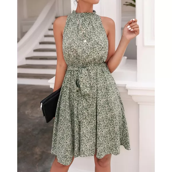 BTFBM Women 2024 Summer Halter Neck Dresses Sleeveless Casual Floral Polka Dot Print Short Boho Ruffle SundressFloral Print Green