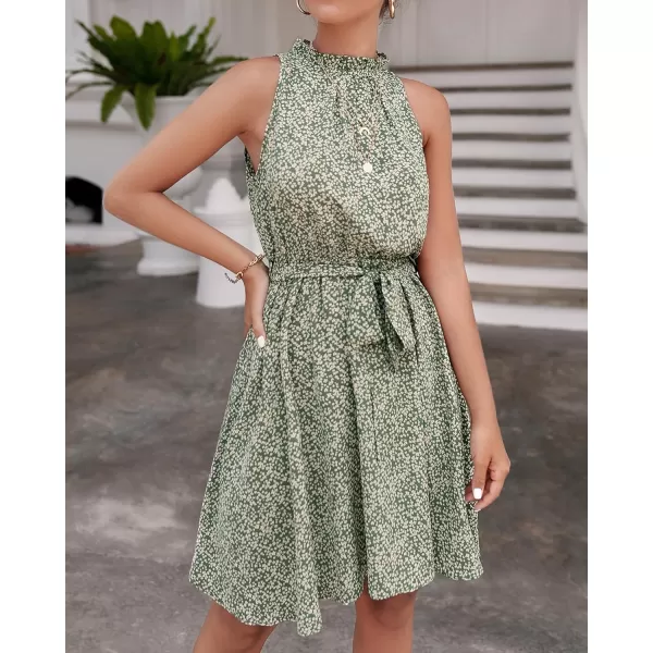 BTFBM Women 2024 Summer Halter Neck Dresses Sleeveless Casual Floral Polka Dot Print Short Boho Ruffle SundressFloral Print Green