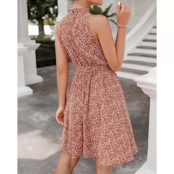 BTFBM Women 2024 Summer Halter Neck Dresses Sleeveless Casual Floral Polka Dot Print Short Boho Ruffle SundressFloral Print Red