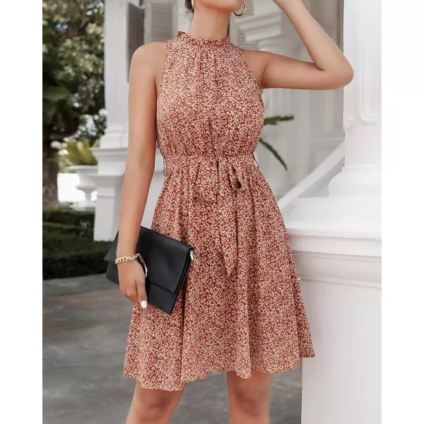 BTFBM Women 2024 Summer Halter Neck Dresses Sleeveless Casual Floral Polka Dot Print Short Boho Ruffle SundressFloral Print Red
