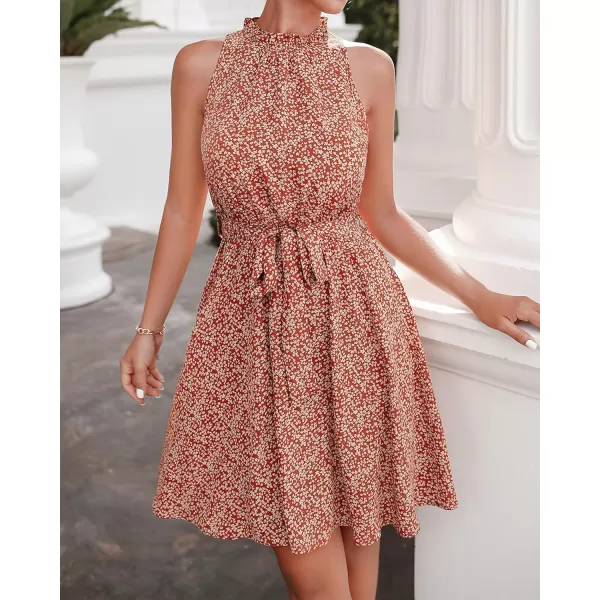 BTFBM Women 2024 Summer Halter Neck Dresses Sleeveless Casual Floral Polka Dot Print Short Boho Ruffle SundressFloral Print Red