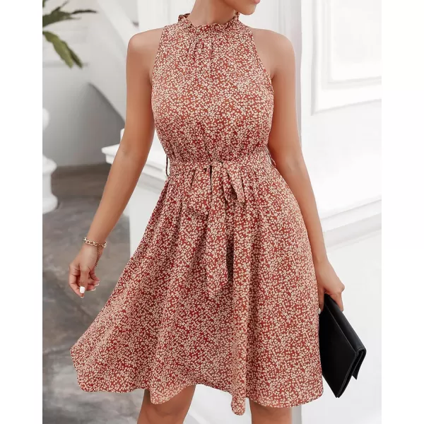 BTFBM Women 2024 Summer Halter Neck Dresses Sleeveless Casual Floral Polka Dot Print Short Boho Ruffle SundressFloral Print Red