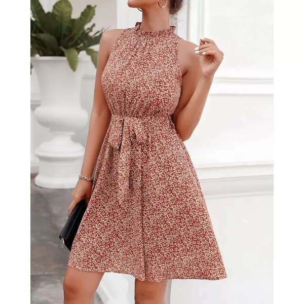 BTFBM Women 2024 Summer Halter Neck Dresses Sleeveless Casual Floral Polka Dot Print Short Boho Ruffle SundressFloral Print Red