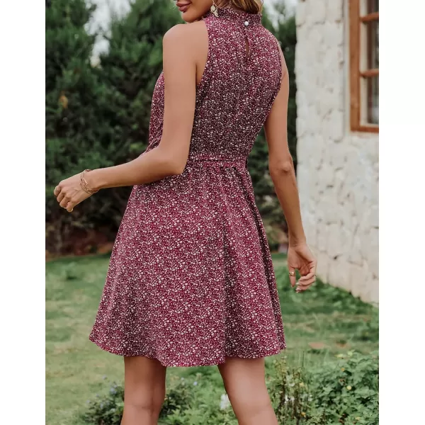 BTFBM Women 2024 Summer Halter Neck Dresses Sleeveless Casual Floral Polka Dot Print Short Boho Ruffle SundressFloral Print Wine Red