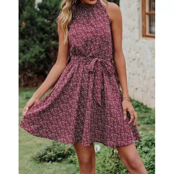 BTFBM Women 2024 Summer Halter Neck Dresses Sleeveless Casual Floral Polka Dot Print Short Boho Ruffle SundressFloral Print Wine Red