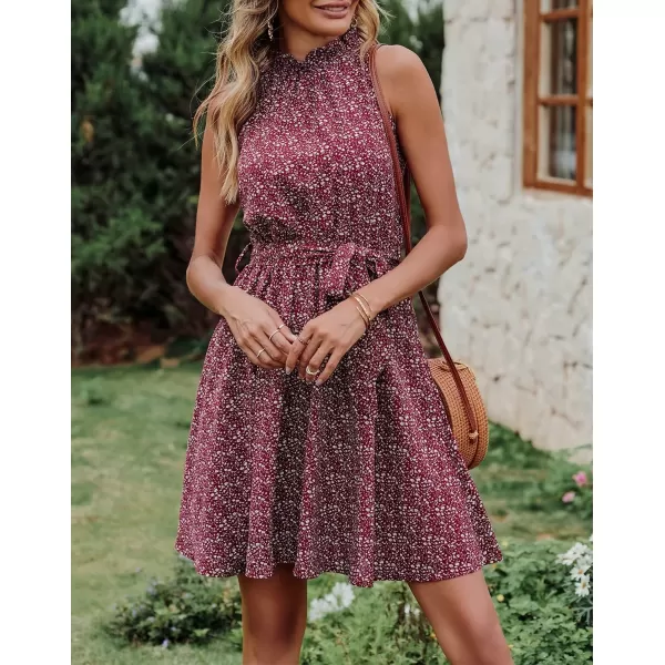 BTFBM Women 2024 Summer Halter Neck Dresses Sleeveless Casual Floral Polka Dot Print Short Boho Ruffle SundressFloral Print Wine Red
