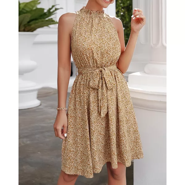 BTFBM Women 2024 Summer Halter Neck Dresses Sleeveless Casual Floral Polka Dot Print Short Boho Ruffle SundressFloral Print Yellow
